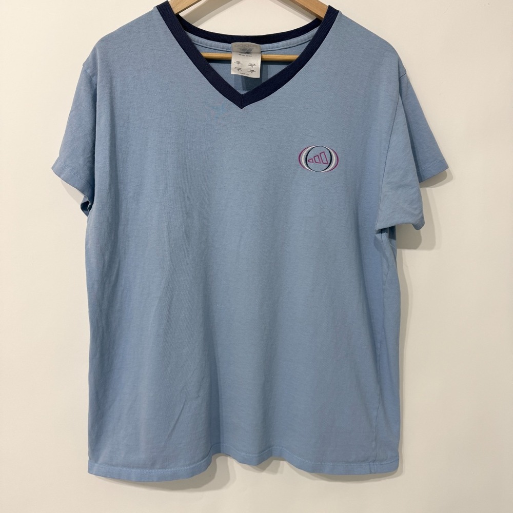 Vintage Adidas V Neck T Shirt Mens Large Blue Contrast Collar Logo Tee